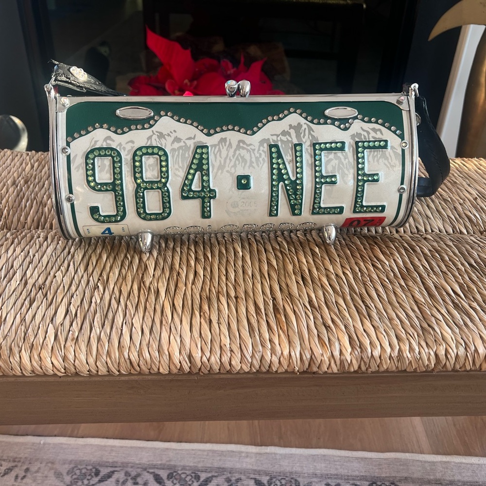 Little Earth Green and White Colorado  License Plate Clutch with Swarovski